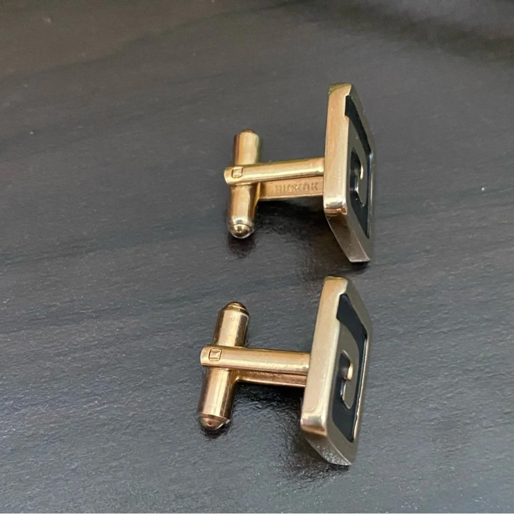 Vintage HICKOK Signed Square Spiral Gold-tone Black Cufflinks